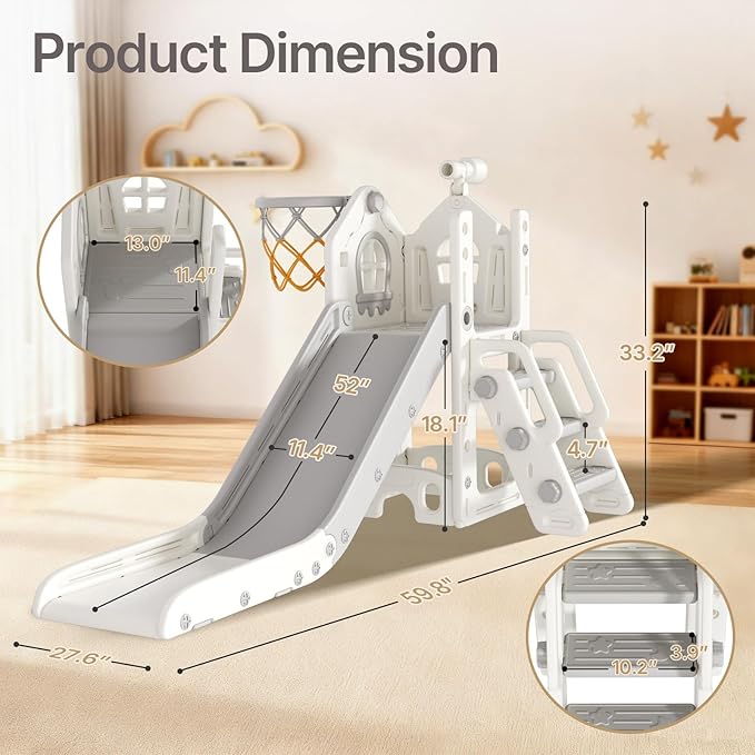 BIERUM 6 in 1 Toddler Slide - L-Shaped Baby Slide for Toddlers Aged 1-3 with Basketball Hoop, Telescope Toy and Anti-Slip Pads, Indoor Outdoor Toddler Playset, White Gray