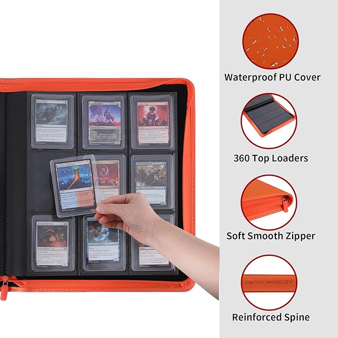 Snekdy Top loader Binder, 9 Pockets Top Loader，Holds 360 Top Loaders cards, Card binder with Sleeves for card in 3 x 4 inches color smooth Zipper PU Leather (Orange)