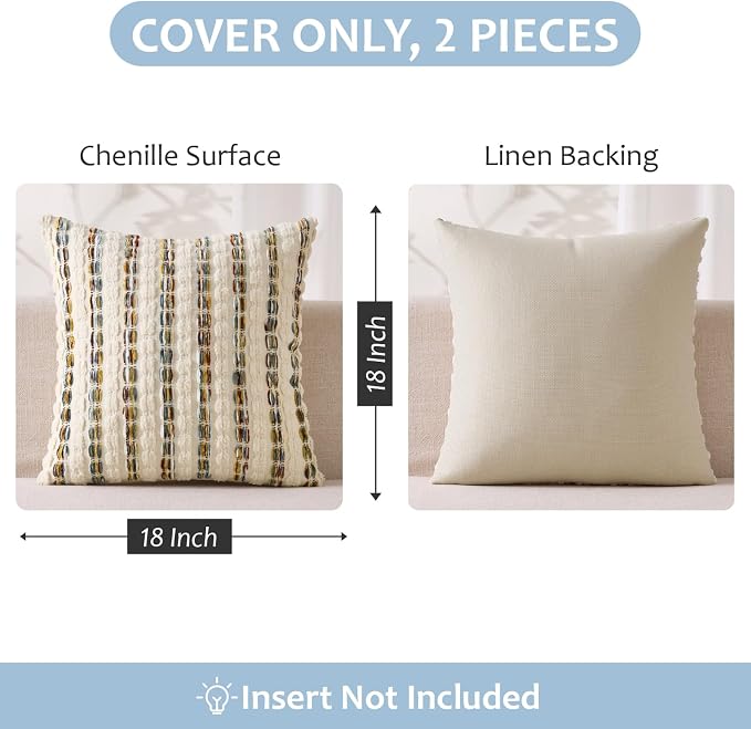 ANRODUO Boho Chenille Decorative Pillow Covers 18x18 Set of 2 Brown White | Textured Tufted Stripes Woven Cushion Case, Farmhouse Accent Neutral Pillowcase for Couch Sofa Bed Living, Room Decor