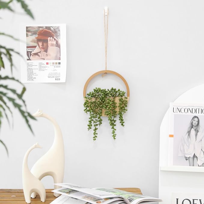 2pcs Artificial Succulents Hanging Plants 12.2'' Fake String of Pearls in Pot with 8.3'' Lanyard for Indoor Outdoor Wall Decor（Wood Color）.