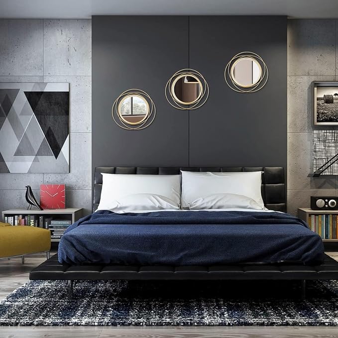 3 Set Round Mirrors for Wall Decor Living Room Bedroom Bathroom Dining Room Metal Circle Mirror Set Boho Decorative Sunburst Wall Art Accent Entryway - Gold 11 in