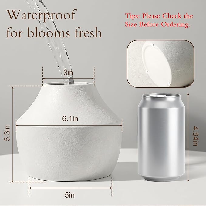 White Ceramic Flower Vase for Centerpieces, 5.2in Small Ceramic Vases | Waterproof Pottery Vases for Flower, Hydrangeas, Home Decor, Living Room,Table Decorative, Handcrafted