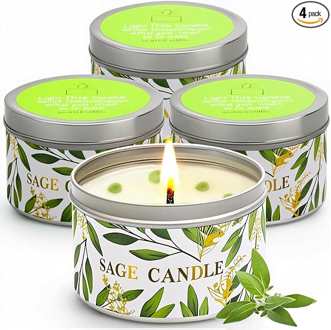 Sage Candles Gift Set, 4 Pack Natural Soy Wax White Sage Smudge Kit with Healing Crystals, House Cleansing & Negative Energy, Spiritual Meditation & Aromatherapy, Housewarming Birthday Self Care Gifts