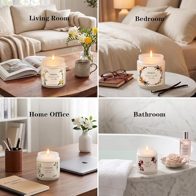 6 Pack Scented Candles for Women – Lavender, Vanilla, Gardenia, Rose, Jasmine, Freesia Floral Scents, 21oz Natural Soy Wax Aromatherapy Candles for Relaxation Stress Relief & Birthday Gifts for Women