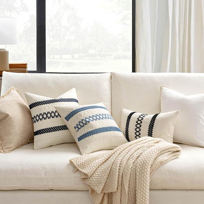 MIULEE Set of 2 Navy Blue Boho Decorative Lumbar Pillow Covers 12x20 Inch | Farmhouse Couch Throw Pillows, Modern Coastal, Cotton Cushion Covers, Macrame Woven Home Decor for Bed Sofa Chair