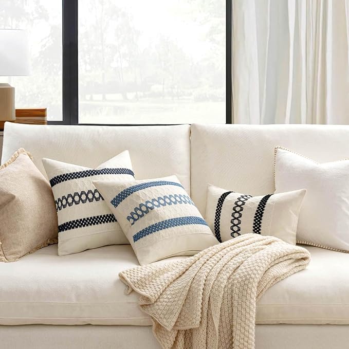 MIULEE Set of 2 Coastal Blue Boho Decorative Pillow Covers 16x16 Inch | Farmhouse Couch Throw Pillows, Modern Cotton Cushion Covers, Macrame Woven Spring Home Decor for Bed Sofa Chair