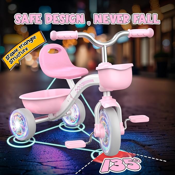 Toddler Tricycle for 1-3 3-5 Year Olds, 2 3 4 5 Year Old Girl Birthday Gifts, Pink Toddler Baby Bike, Outdoor Riding Toys for Ages 2-4, 4-Level Adjustable Seat, 3 Color Light Wheels, 2 Baskets
