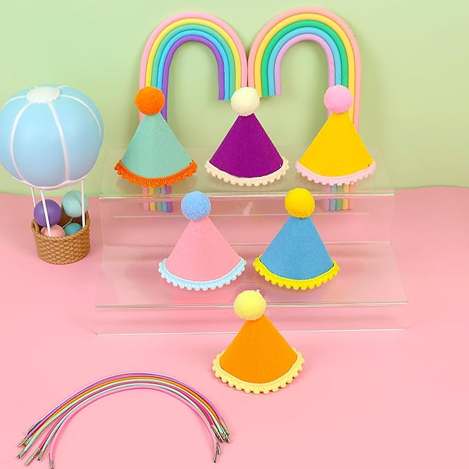12 Pack Mini Party Hats for Stuffed Animals, Birthday Party Cone Hats, Rainbow Themed Felt Hat for Dolls Dog Cat Rabbit Puppies Assorted Animal Birthday Decorations - No Assembly Required