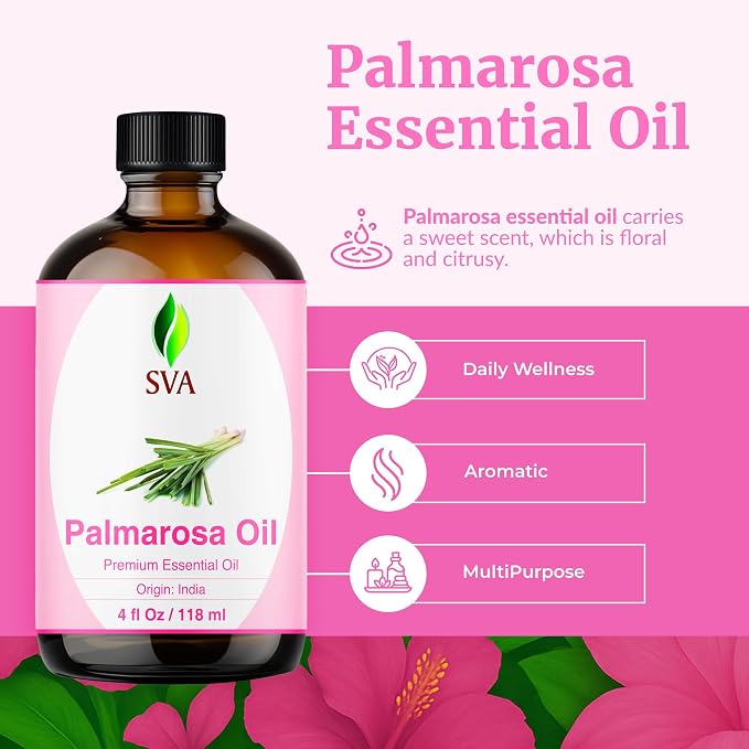 SVA Palmarosa Essential Oil 4 Fl Oz – for Diffuser, Skin & Hair Care – Ideal for Massage & DIY Blends – with Dropper