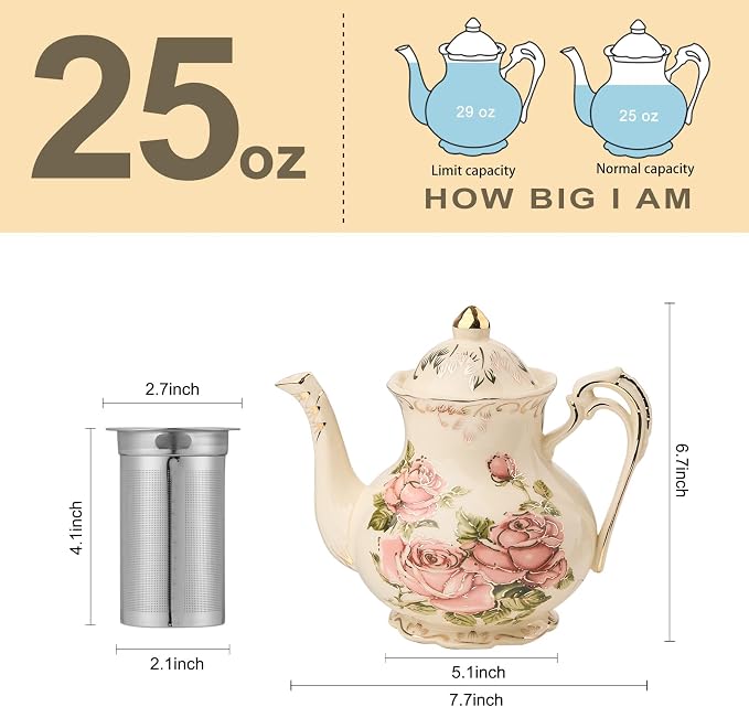 YOLIFE Ivory Rose Teapot, 25 OZ/ 3 Cup Vintage Porcelain Tea Pot with Infuser, Floral Teapot Pink Rose with Gold Trim