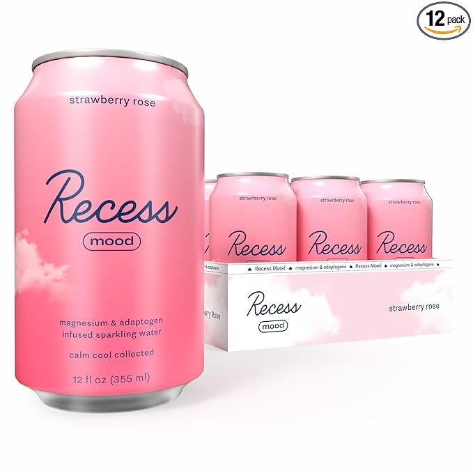 Recess Mood Magnesium & Adaptogen Drink, Relaxation Beverage, 12 ounce (Strawberry Rose, 12 pack)