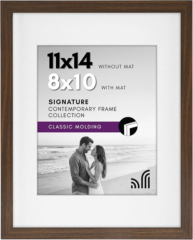 Americanflat 11x14 Picture Frame with Shatter-Resistant Glass - Use as 8x10 Frame with Mat or Display 11x14 Photo Without Mat - Signature Collection - Picture Frames for Wall Display - Walnut | Engineered Wood construction, Shatter-resistant glass, han...