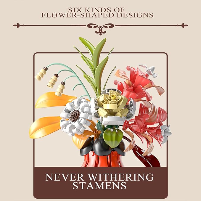 Flowers Bouquet Building Set for Adults. Artificial Flower for Home Kitchen, and Office Decor. Gifts for Christmas Day, Valentines, Birthdays, Mother's Day.