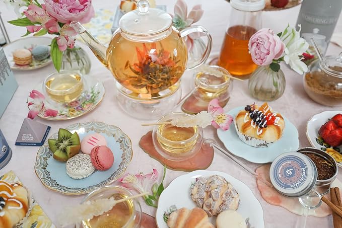 Teabloom Complete Glass Tea Set – Teapot (40 oz), Loose Tea Infuser, 4 Insulated Teacups, Tea Warmer with Candlelight, and 12 Flowering Teas – Elegant Blooming Tea Gift Set