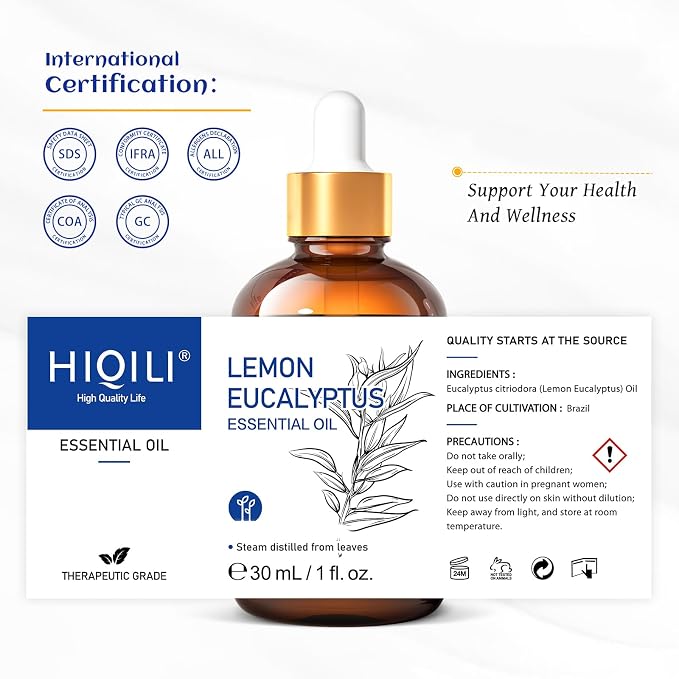 HIQILI Lemon Eucalyptus Essential Oil for Spray, Aromatherapy & Diffuser | Delivers Gentle Indoor & Outdoor Space Protection, Fresh Atmospheres & Household Odor Elimination -30mL / 1.01 fl oz