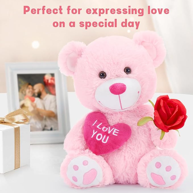 MaoGoLan Small Teddy Bear with Red Heart, I Love You Valentines Teddy Bear Stuffed Animal Pink,Velvet Red Heart Bear Gift for Kids,Girlfriend,Wife,12"