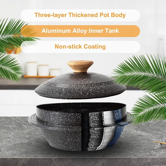 Cast Aluminum Pot with Lid, 7 in Non-Stick Casserole Dish Korean Stone Bowl Induction Compatible, Black