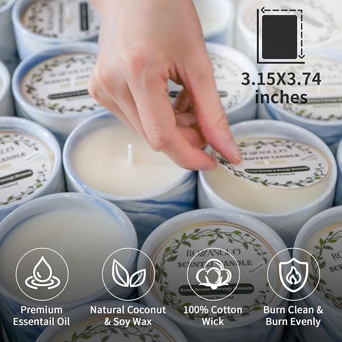 Luxury Marble Jar Scented Candle | Women Men | Non Toxic 100% Natural Coconut & Soy Wax Blend Cotton Wick | Hand Poured Highly Scented Long Lasting (Ocean Breeze & Orange Blossom, 10 oz)