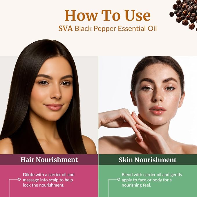 SVA Black Pepper Essential Oil 4 Fl Oz – for Diffuser, Skin & Hair Care – Ideal for Massage & DIY Blends - with Dropper