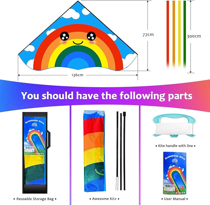 HONBO Large Delta Kite for Kids & Adults,Extremely Easy to Fly Kite for Beach Trip,String Line Included,with Colorful Tail,Perfect for Beginners