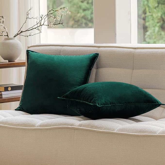 JIAHANNHA Velvet Green Throw Pillow Covers 20”x20”Pack of 2 Soft Decorative | Square Cushion Covers for Couch Sofa Bed Livingroom Car Home Decor,50x50Cm