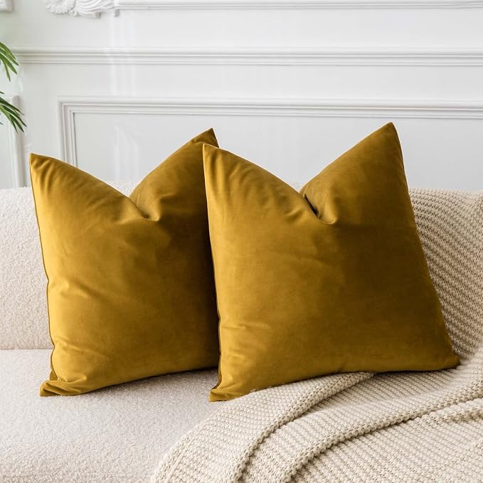 26x26 Decorative Velvet Euro Throw Pillow Covers Set of 2,Mustard Yellow | JUSPURBET Cozy Soft Couch Covers with Invisible Zipper for Modern Couch Sofa Bed Living Room Bedroom Home Decor