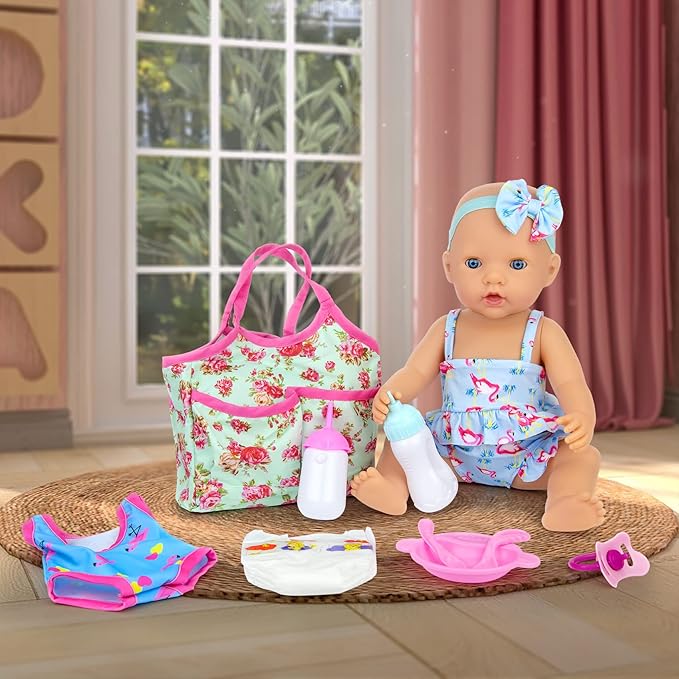 UNICORN ELEMENT 8 Pcs Baby Doll Clothes and Accessories, Baby Feeding and Caring Set with Doll Diaper Bag, Clothes, Diapers, Bottles, Pacifier, Swimsuits,Best Gift for Kids
