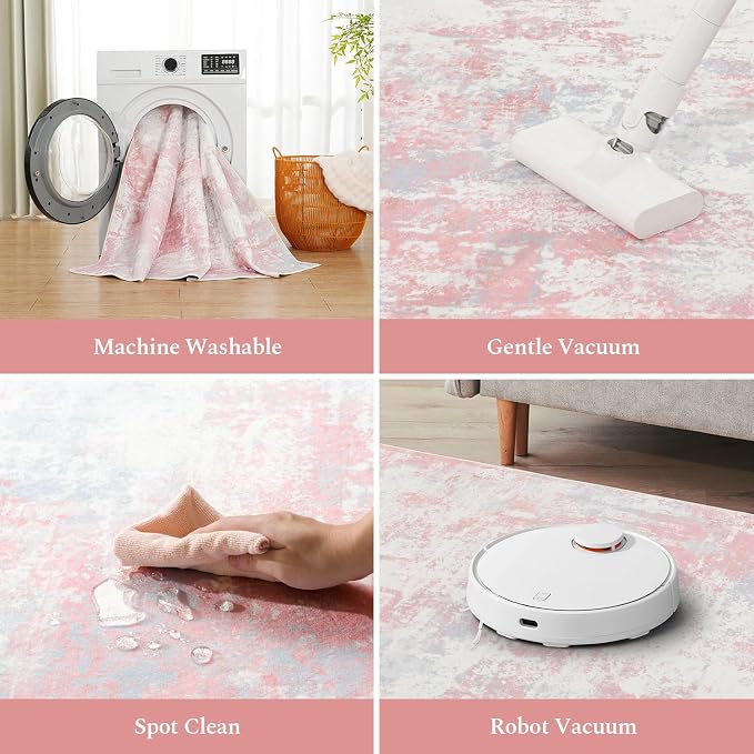Rugflix 5x7 Area Rugs for Bedroom, Washable Pink Large Rug | Machine Washable; Stain-Resistant; Low Pile; Non-Slip; Modern Abstract; Carpet for Nursery Girls Living Room Office Home