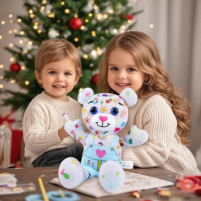 Stuffed Animal Coloring Plush Toy with 20 Washable Markers Laser Holographic Backpack Road Trip Car Game Writing Painting Set for Girls Doodle Dolls Kids Ages 3-6 Birthday(Blue Bear)