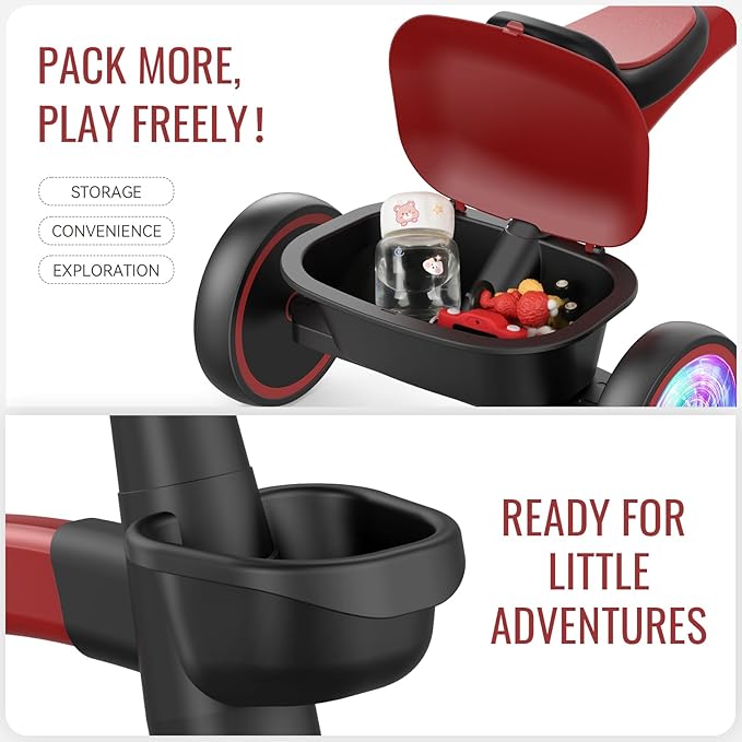 SEREED Colorful Lighting Toddler Tricycle for 2-5 Years Old Boys Girls, Adjustable Seat&Handlebar Trike, Removable Basket, Birthday Gift Idea for Kids Ages 2+ (Red Black)