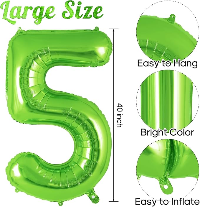 Dinosaur Green Number 5 Balloon, 40 Inch Big Large Foil Helium Green Number Balloon with 4 Pcs Mini Dinosuar, Dinosuar Mylar Balloons Set for 5 Year Old Birthday Party Decorations Supplies