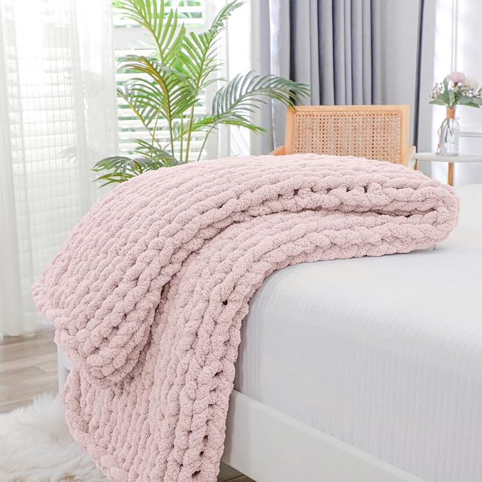 Bigacogo Chunky Knit Throw Blanket for Couch, 40x60 inches, Rose Tan | Hand Knit with Jumbo Chenille, Soft Breathable Cable Knit for Sofa Bed Living Room, Machine Washable, Gift for Mom Friend