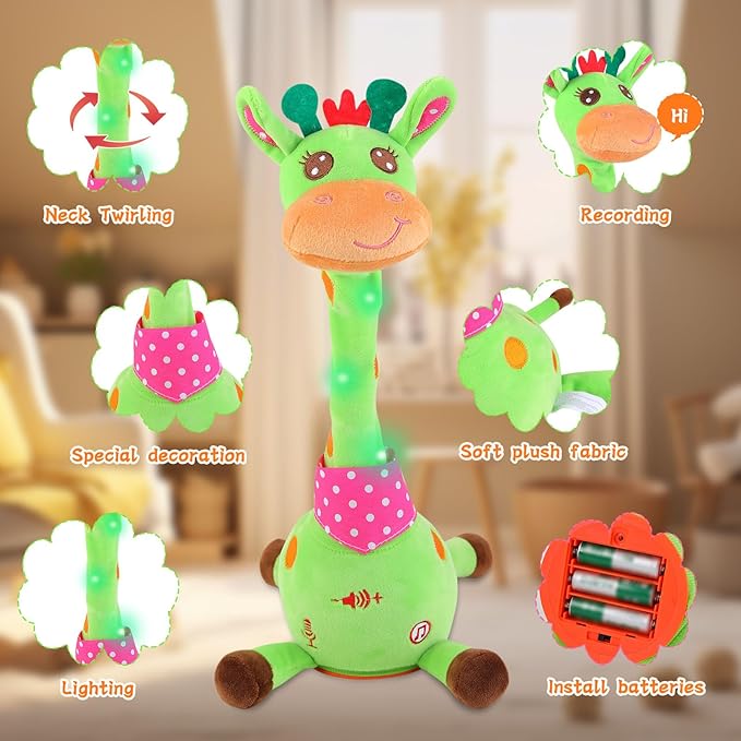 LUKETURE Dancing Talking Singing Green Giraffe Toy Stuffed Plush, Interactive Stuffed Animal Toy, Musical Giraffe Plush with Record & Repeat, Sings 10 Songs, LED Lights