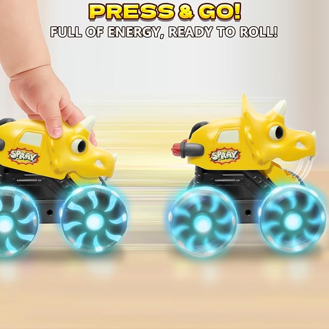 3 Pack Dinosaur Car Toys for Kids Toddlers, Light up Wheels Monster Truck Toys for Boys 2 3 4 5 6 7 8 Years Old Christmas Birthady Gifts Press & Go Dino Trucks Toy for Toddler Boy Baby