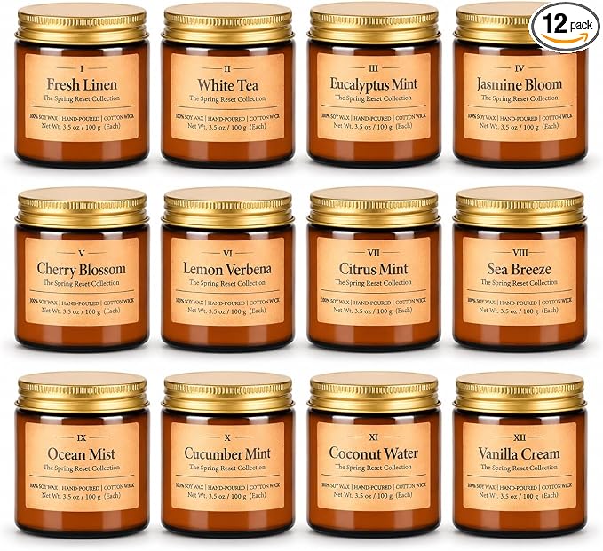 12 Pack Summer Scented Candles, 3.5 oz Amber Glass Jar Soy Candle Set, 8% Essential Oil Blend, Gifts for Women Birthday Housewarming