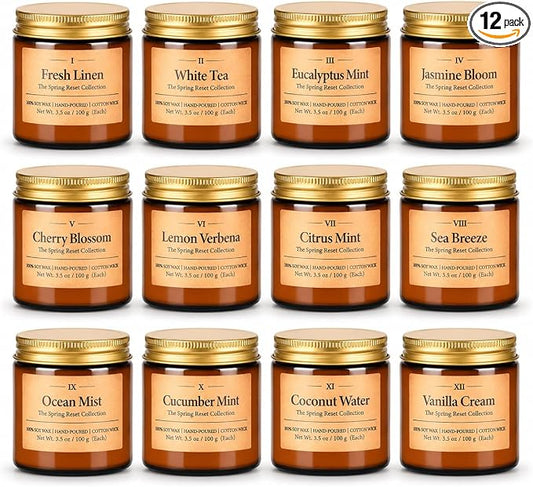 12 Pack Summer Scented Candles, 3.5 oz Amber Glass Jar Soy Candle Set, 8% Essential Oil Blend, Gifts for Women Birthday Housewarming