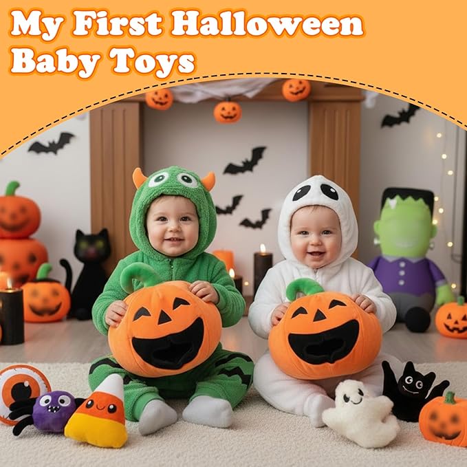 My First Halloween Baby Toys, Cuet Pumpkin Stuffed Animal Decor with Ghost Spider Bat Candy Corn Plush Toys and Small Mirror, Halloween Plush Gifts Basket Party Favors for Kids Babies Toddlers