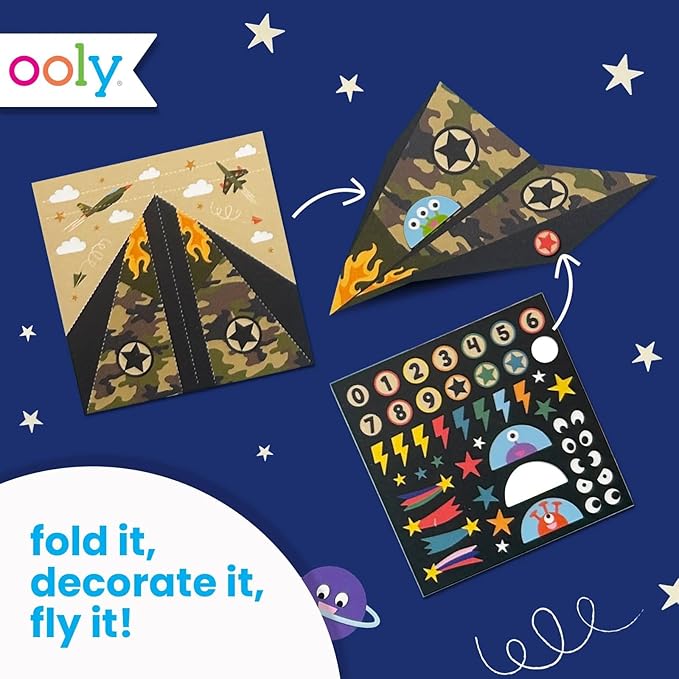 Ooly DIY Paper Airplane Book, 24 Paper Planes & Stickers, Kit Includes 12 Completed, 6 Blank and 6 Color-in Planes, Great Gifts for Kids, Activities for Boys and Girls