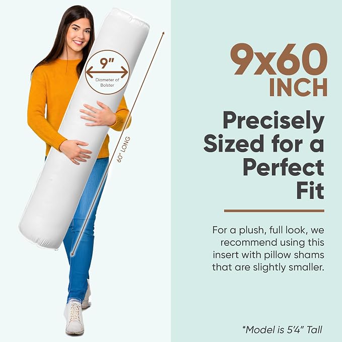 Pillowflex Bolster Pillow (9x60) - Round Roll Pillow Bolster Insert, Plush Polyester-Filled Insert for Decorative Shams, Odorless, Lint and Dust-Free Polyester Filling, No Lumps - (White)