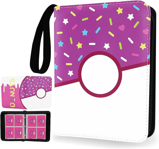 4 Pocket Card Binder 400 Card Holder Album, Pink Donut Trading Cards Holder Zipper Binder for Girl Teen Collection (Purple Donut, 400 Pocket)