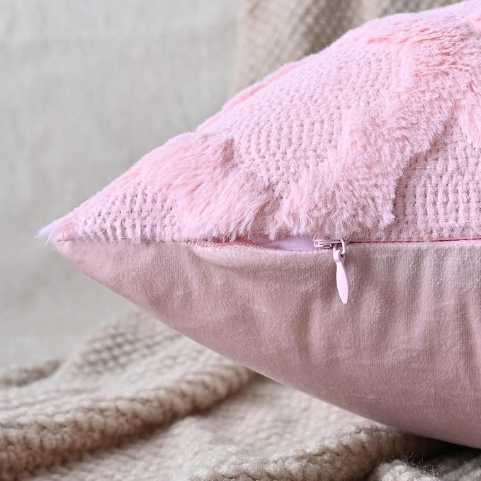 Set of 2 Soft Moroccan Throw Pillow Covers 16x16 Inch Plush Boho Decorative Pillow Cover Accent Cushion Case for Couch Sofa Bed, Light Pink