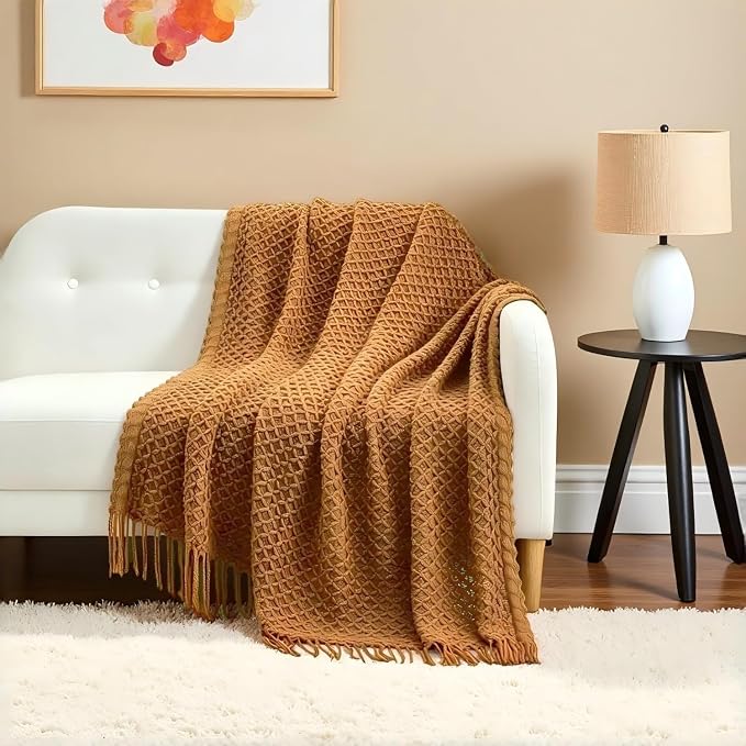 CREVENT Farmhouse Boho Knitted Throw Blanket for Couch Sofa Chair Bed Home Decoration, Soft Warm Cozy Light Weight for Spring Summer Fall (50''X60'' Light Brown)