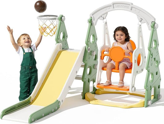 XJD 4-in-1 Toddler Slide and Swing Set, Kids Slide for Toddlers Age 1+, Toddler Outdoor Playset with Basketball Hoop, Swing, Christmas Birthday Gifts for Kids (Green)