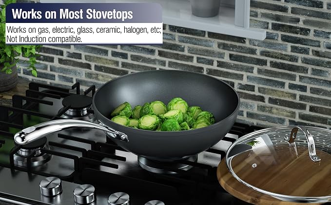 Cooks Standard Classic 11-Inch Hard Anodized Nonstick Wok Stir Fry Pan | 3-Qt Deep Frying Pan with Vented Glass Lid, Stay-cool Handle, Flat Bottom Wok fits most Stovetops, Not Induction