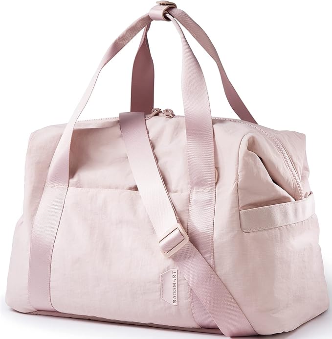 BAGSMART Gym Bag for Women, Carry on Weekender Overnight Bag, Travel Duffel Bags with Trolley Sleeve, Personal Item Travel Bag Tote Bag Workout Dance Bag(Pink,Medium)