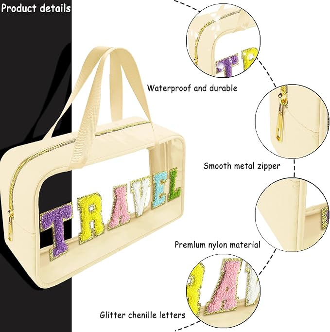 Bunliuys Chenille Letter Clear Makeup Bag Travel Patch, Travel Toiletry Makeup Bag with Handle, Nylon Waterproof Makeup Bags clear cosmetic bag, preppy patch makeup bag for Women (TRAVEL-Beige)