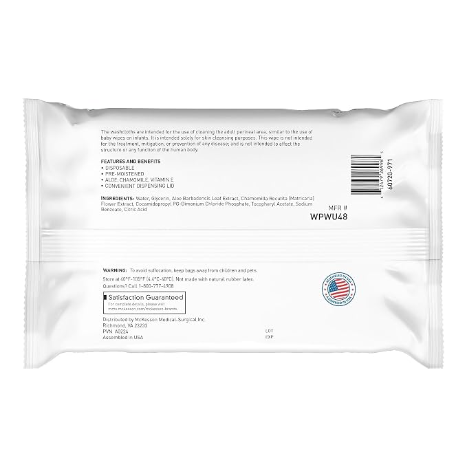 McKesson Washcloth Wipes, Unscented - Disposable Wet Wipes for Adults - Fragrance-Free, Paraben-Free - No-Rinse Formula, 48 Count, 1 Pack