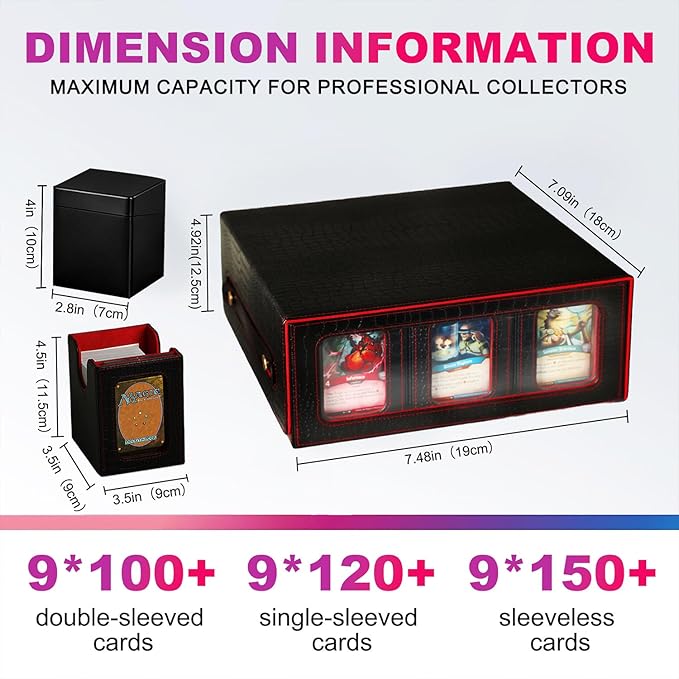 9IN1 MTG Deck Box with Handle, Fits 1000 Trading Cards or 8 Commander Decks, Premium Black Red Leather TCG Storage Case with 8 Removable Trays and 10 Dividers, Compatible with Magic, Yu-Gi-Oh!