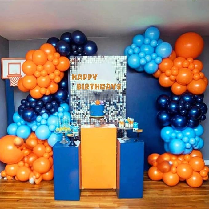 Orange Blue Balloons, 12 Inch Royal Blue and Matt Orange Metallic Gold Latex Balloons with Tangerine Star Printed Party Balloon for Kid Cartoon Theme Anime Birthday Outer Space Party Decoration