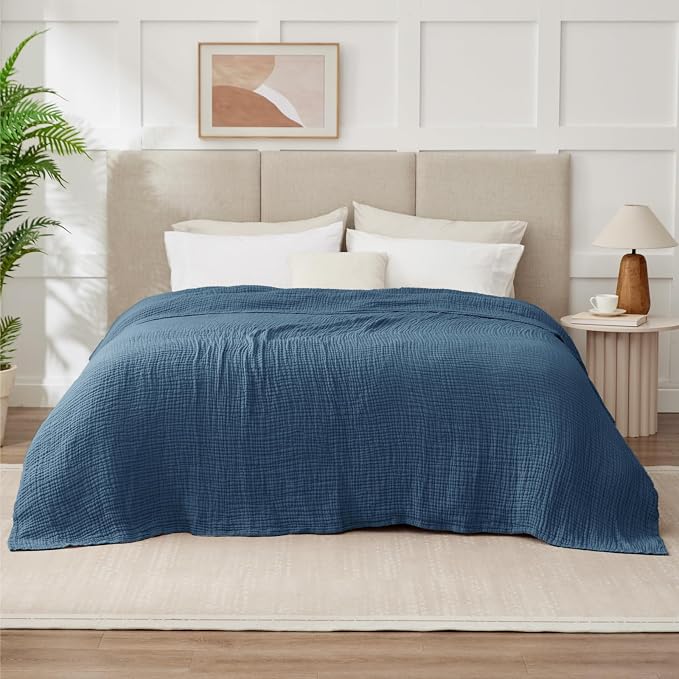 100% Cotton Muslin Blanket King 108" x 90", 6 Layers Breathable and Lightweight Cotton Throw Blanket for Bed, Soft Quilt Bedspread Coverlet, Gauze Blanket for Adults All Season, Dark Blue